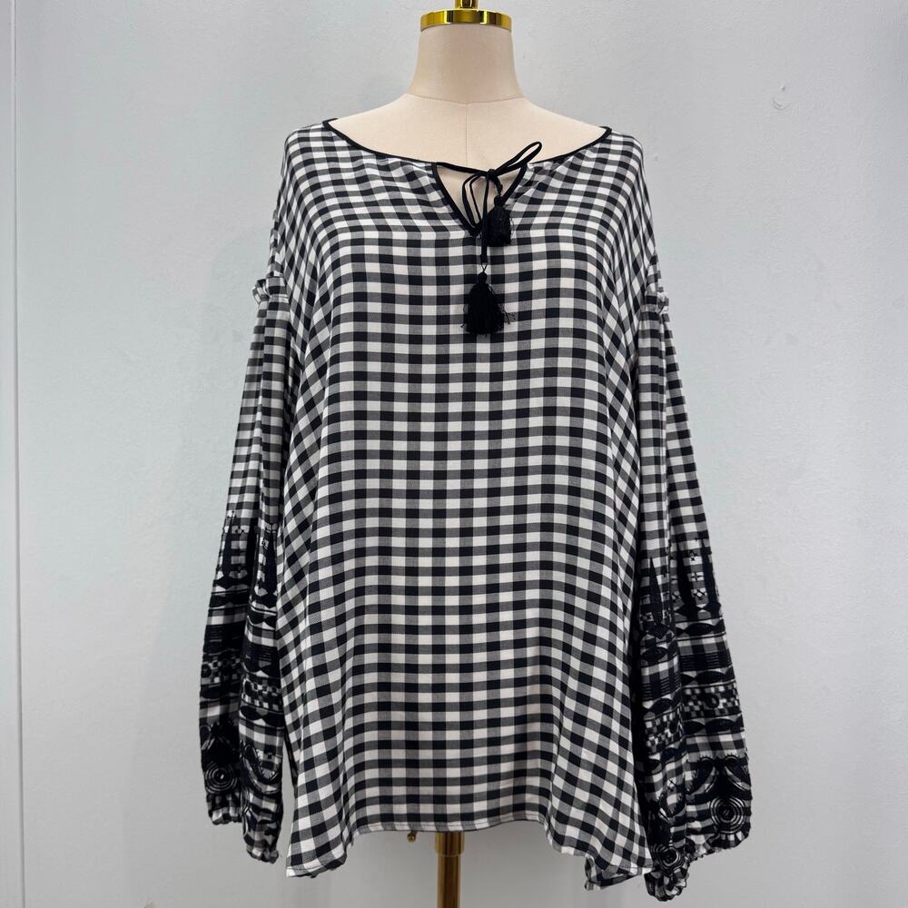 NWT Marina Rinaldi Black White Gingham Embroidered Blouse sz US 18 Boho Coastal